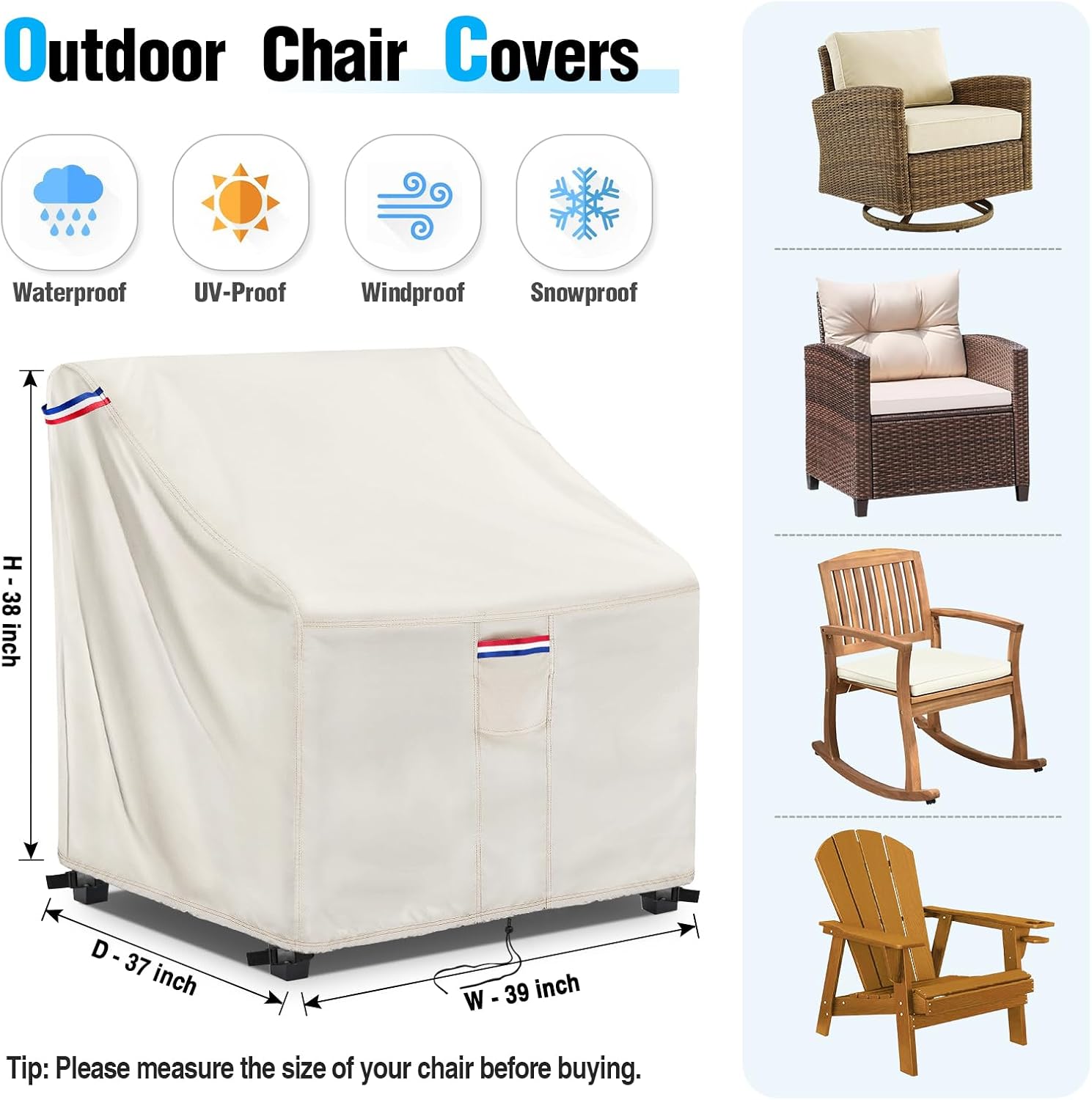 Outdoor Swivel Lounge Chair Cover 600D 2 Pack,Waterproof & Heavy Duty Outdoor Chair Covers, Patio Furniture Cover for Swivel Patio Lounge Chair - 39" W X 37" D X 38" H Beige