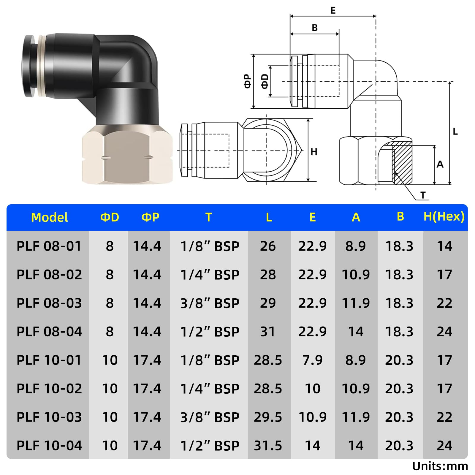 TAILONZ PNEUMATIC Codo Hembra 8mm Tubo OD x 1/4 Pulgada BSP Rosca Conectar PLF8-02(Pack de 10)