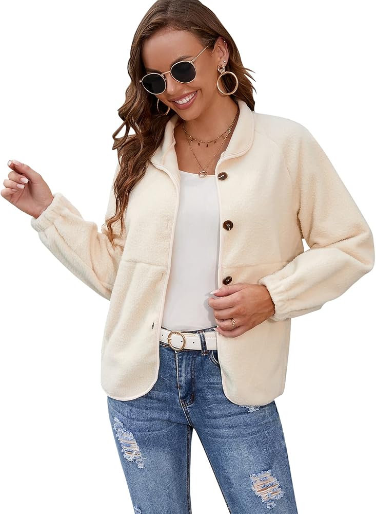 YYW Women's Fuzzy Fleece Jacket Button Down Casual Long Sleeve