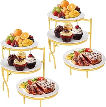 2 Set 3 Tiered Serving Stand with White Porcelain Plate Rotatable Dessert Table Display Set 10 Round Tiered Serving Trays & Platters for Fruit Cake Cookie Dessert 2 Stand + 6 Plates