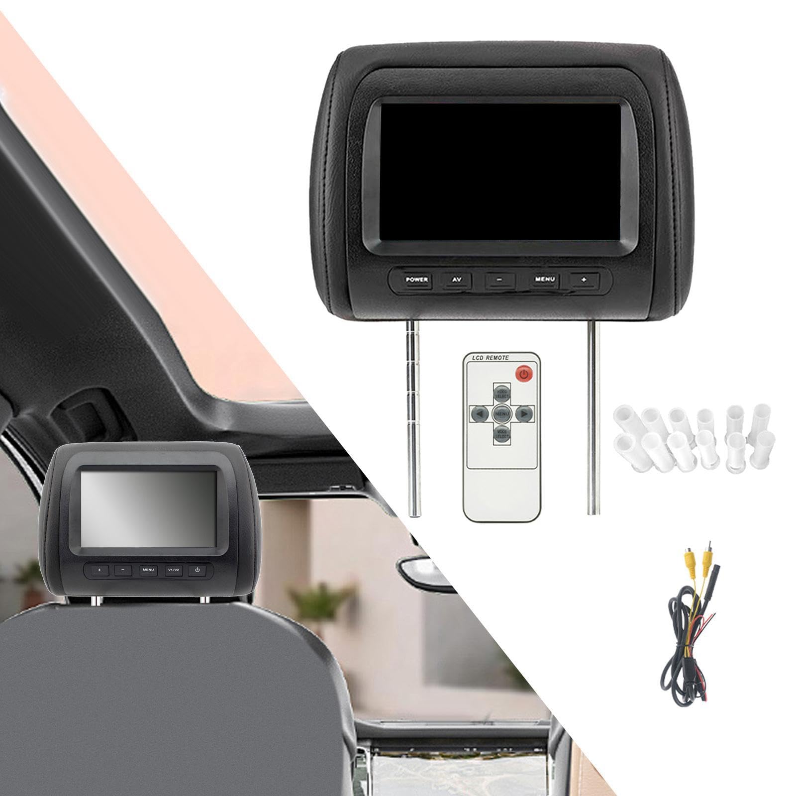 Appuie-tête de Voiture avec écran Noir de 7 Pouces offrant Une Installation Facile pour Un Confort Optimal. Accessoires Italiens. Double entrée vidéo. Menu multilingue.