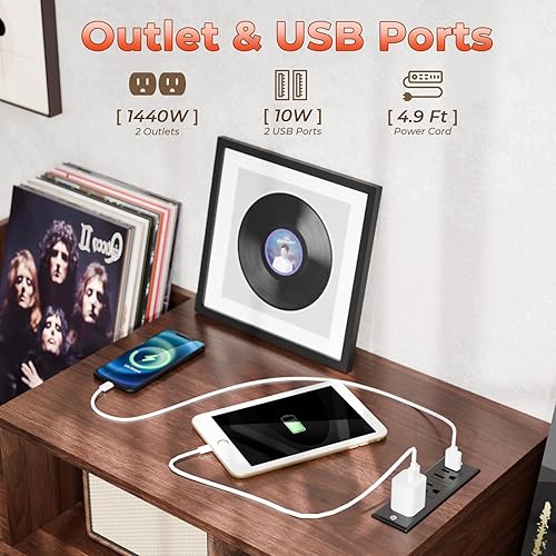 Miniatura 4 de Soporte XL para tocadiscos, estante giratorio con toma de corriente y luz LED, gabinete de almacenamiento de discos de vinilo de hasta 500 álbumes,