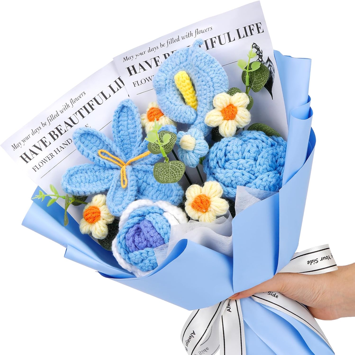 Crochet Flowers Bouquet, Handmade Crochet Flowers Knitted Bouquet, Tulips Flower Bouquet and Calla Lily for Valentine Flowers, Gifts for Women, Birthday (Blue)