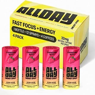 ALLDAY Focus + Energy Spray | Natural Caffeine + L-Theanine + Essential Vitamins | 0 Calorie, 0 Sugar | 12 Spray Bottle | Faster, Cleaner, Smoother Energy (4 Pack Strawberry)