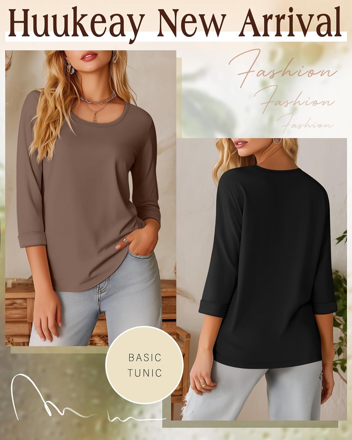 Huukeay 3 Pack 3/4 Length Sleeve Women's Tops Trendy Crew Neck Roll Basic Tees Top Dressy Loose Casual T-Shirt Blouses - Image 2