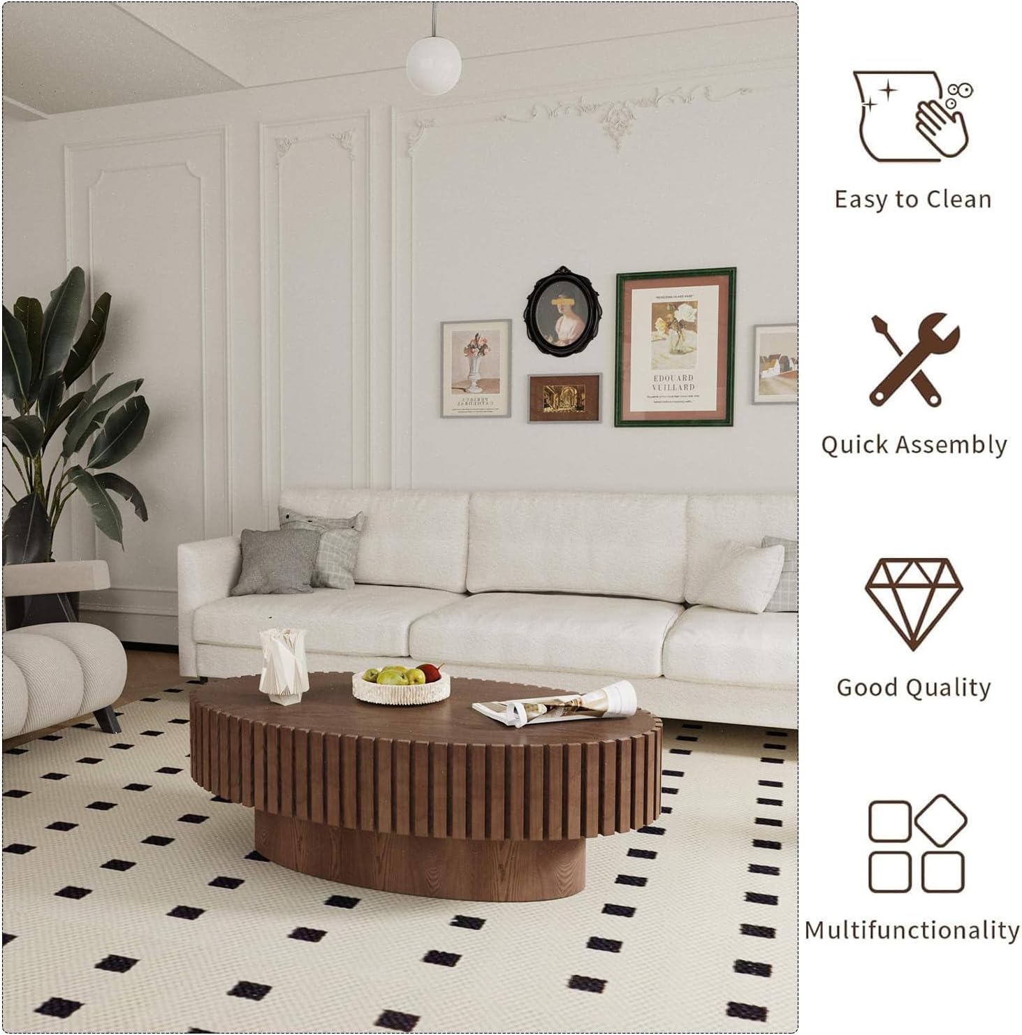 Mid Century Oval Fluted Wood Handcraft Veneered Drum Coffee Table Industrial Center Table with Pedestal, for Living Room, Small Space, Apartment, Farmhouse (F)