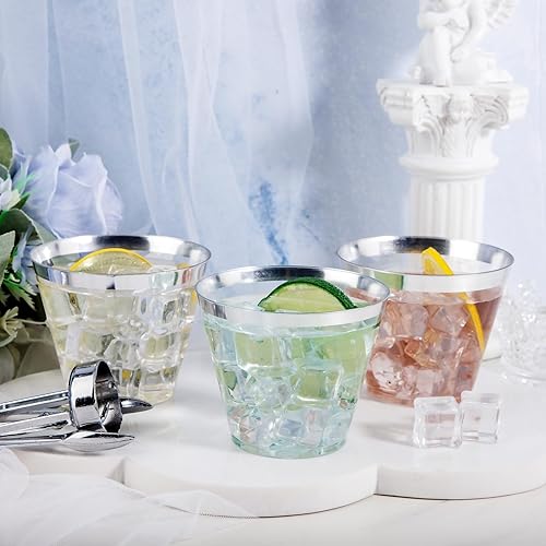 Miniatura 9 de Nervure 240 vasos de plástico plateados, vasos de plástico con borde plateado de 9 onzas, vasos de plástico resistentes con borde plateado,