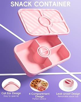 Canfanni 4 Pcs Bento Snack Box Containers, 4 Compartment Divided Stackable Food Storage Containers with Lids, Meal Prep Lunch Container with Sauce Cups