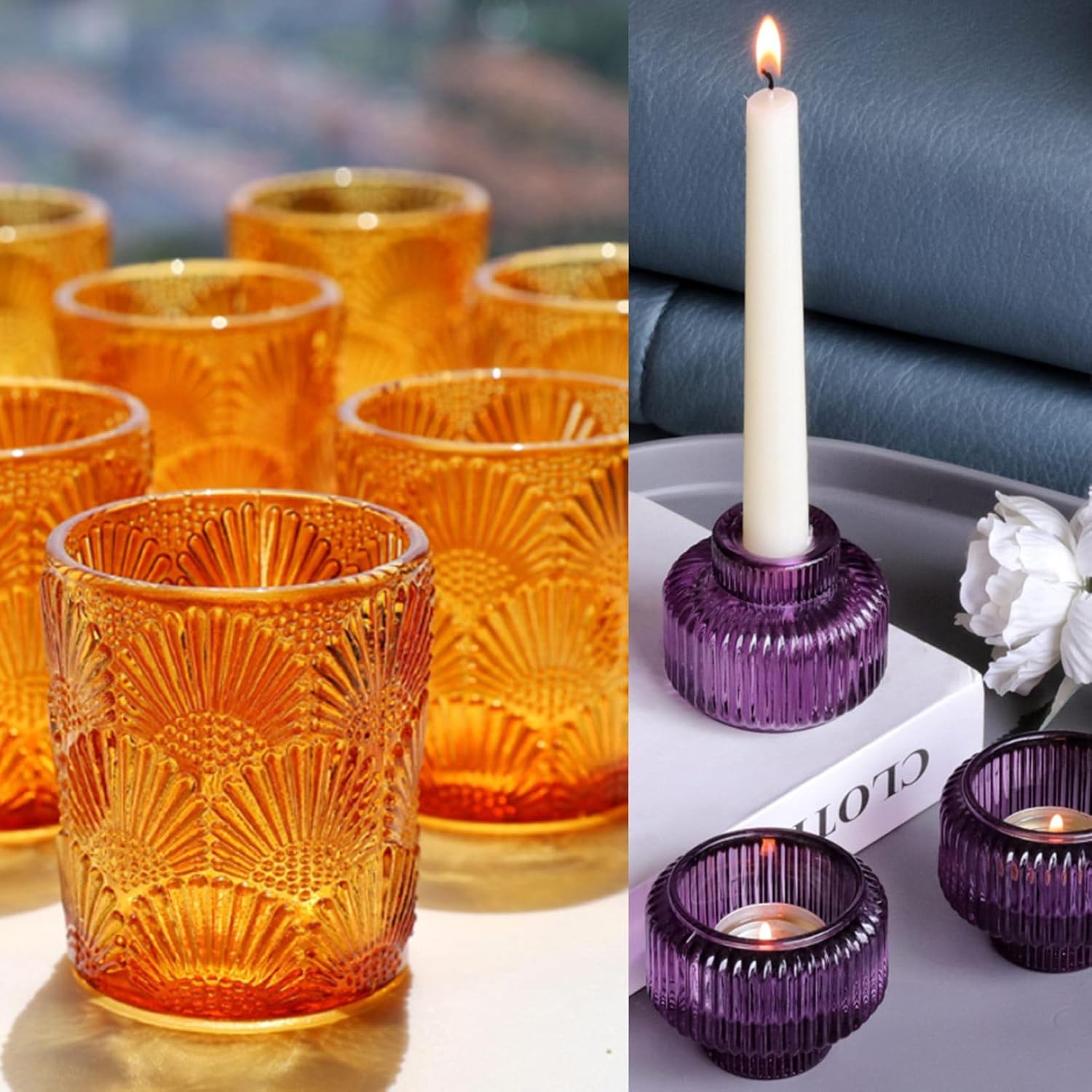 Woho Ginkgo Votive Candle Holders Set of 12 and Ribbed Taper Candle Holders Set of 4 for Halloween Thanksgiving Table Decoration