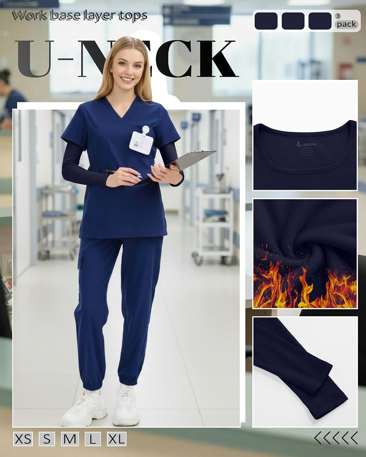 Locoowai 3 Pack Women's Underscrub Shirts Long Sleeve Thermal Scrub Undershirts Nurse Fleece Scoop Neck Slim Fit Layering Top