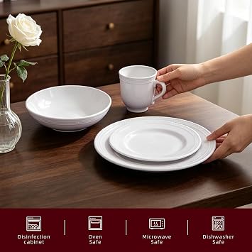 16 Pieces Stoneware Dinner Set for 4, White Ceramic Dinnerware Set with Plates, Bowls & Mugs, Chip & Scratch Resistant, Microwave & Dishwasher Safe