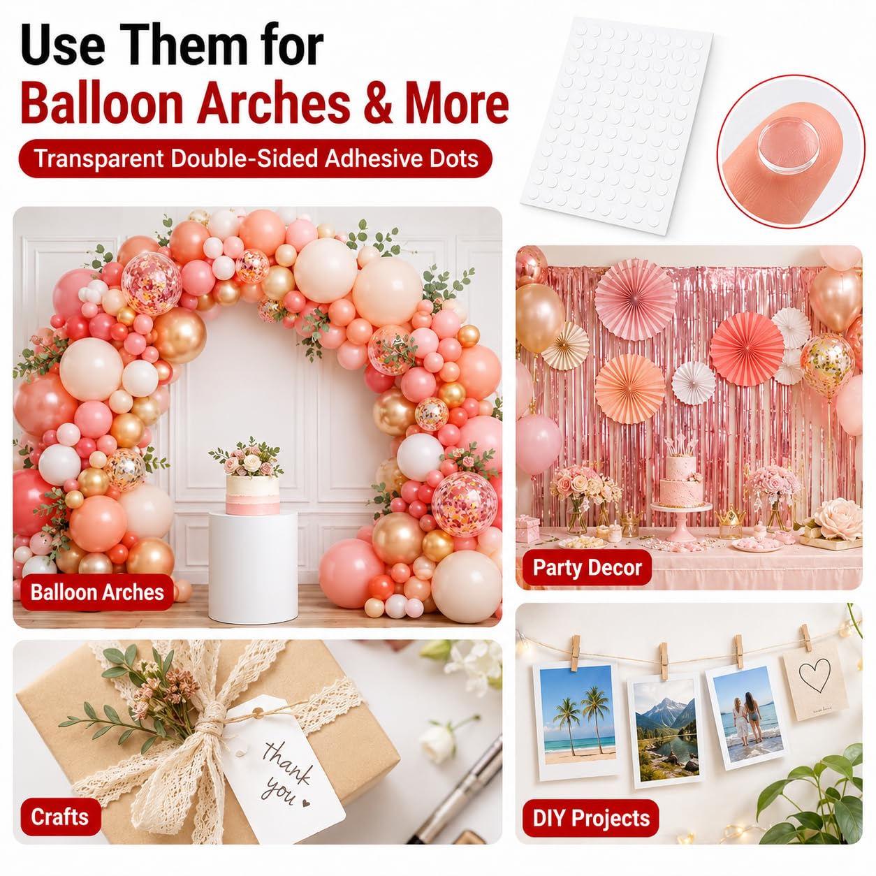 250 Transparent Adhesive Dots, Double Sided Glue Dots for Crafts, Balloons, Posters, Classroom Decor & DIY Projects, Clear Sticky Dots