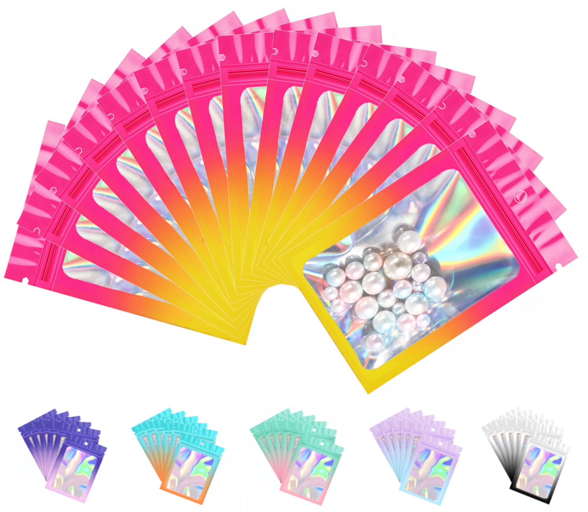 Plaphy 100-Pack Resealable Holographic Mylar Bags with Clear Window, Ziplock Sample Bags, Aluminium Foil-Lined Pouches with Hang Hole for Food Storage & Accessories (Red and Orange, 4.7 x 7.1 in) — image 1