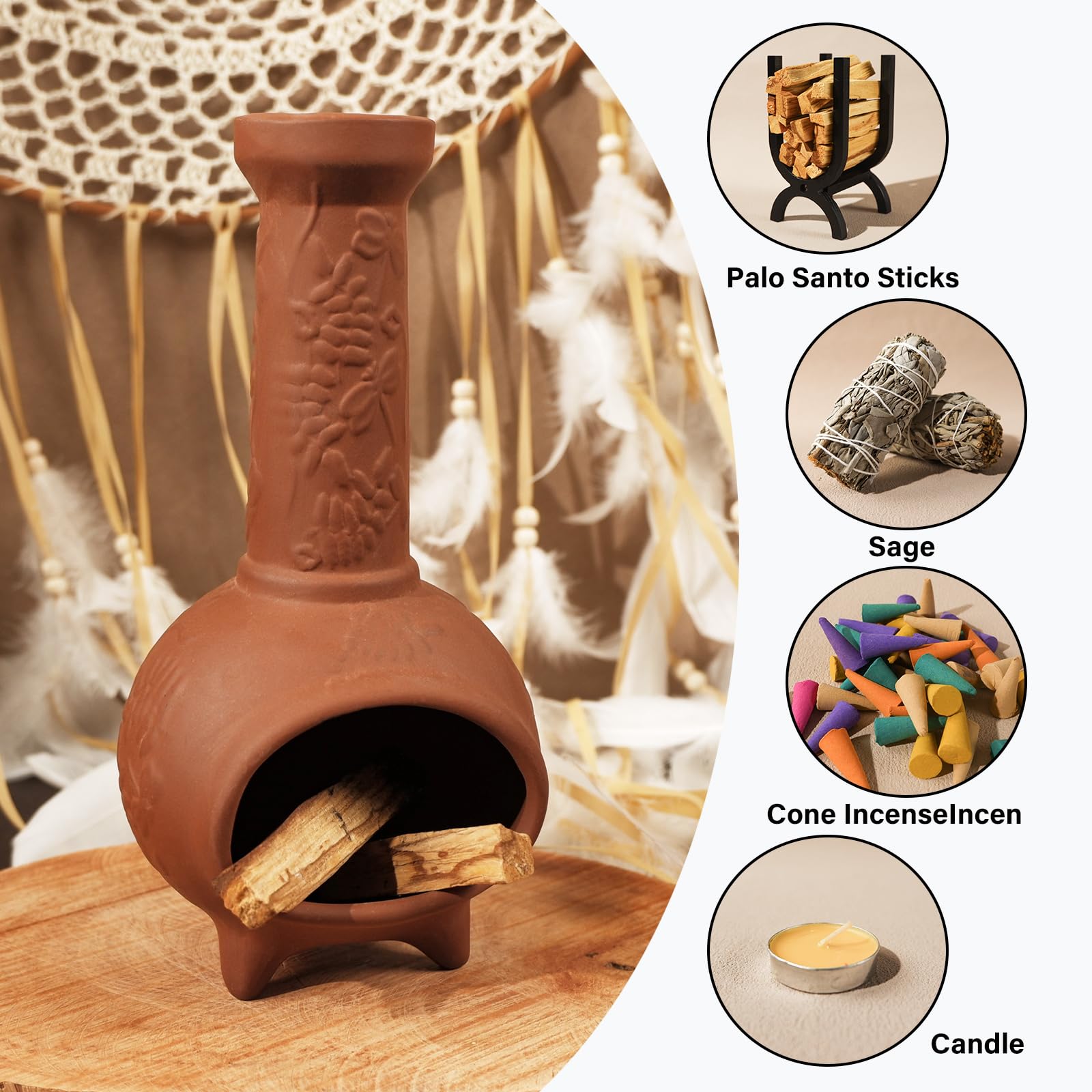 MOUGIGI Portaincenso fatto a mano in terracotta per Palo Santo e mini caminetto, elegante bruciatore a cono per bastoncini di Palo Santo e salvia, ideale per la pulizia energetica, yoga, meditazione