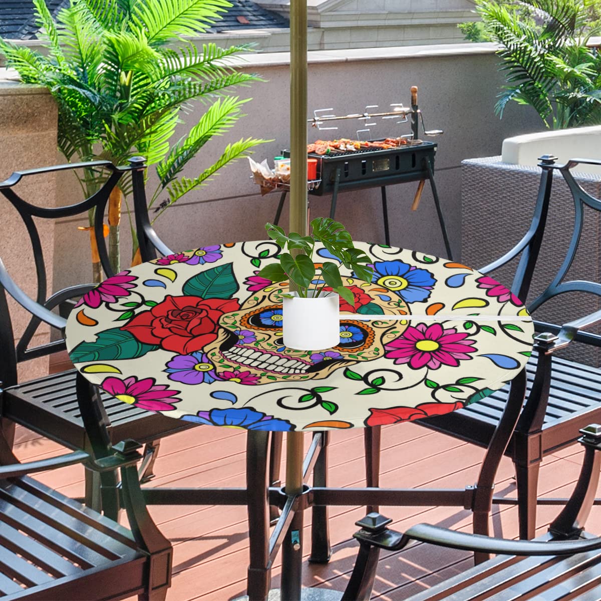 Xigua Tovaglia Rotonda Fiorata 152 Cm Con Foro Per Ombrello E Cerniera – Impermeabile Per Esterno - 2