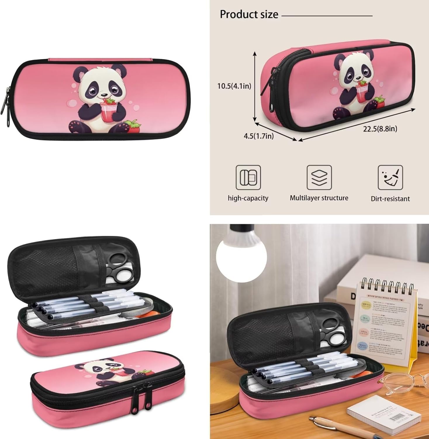 Panda Backpack for Boys Girls 3Pcs School Backpack Set 17inch Backpack with Lunch Bag Pencil Case Cute Bookbag for Kids Age 5-7 Kindergarten