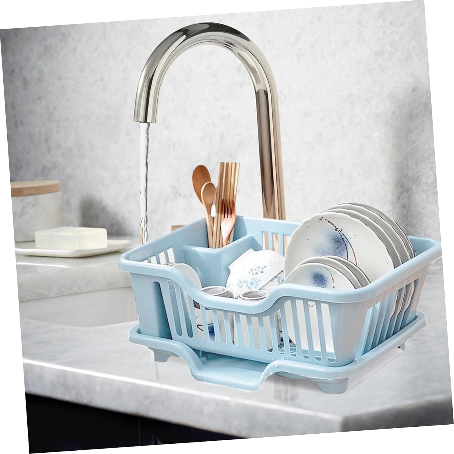 Cabilock Multi-Function Kitchen Countertop Dish Rack Rv Sink Dish Drying Rack Drainer Storage Organizer Blue