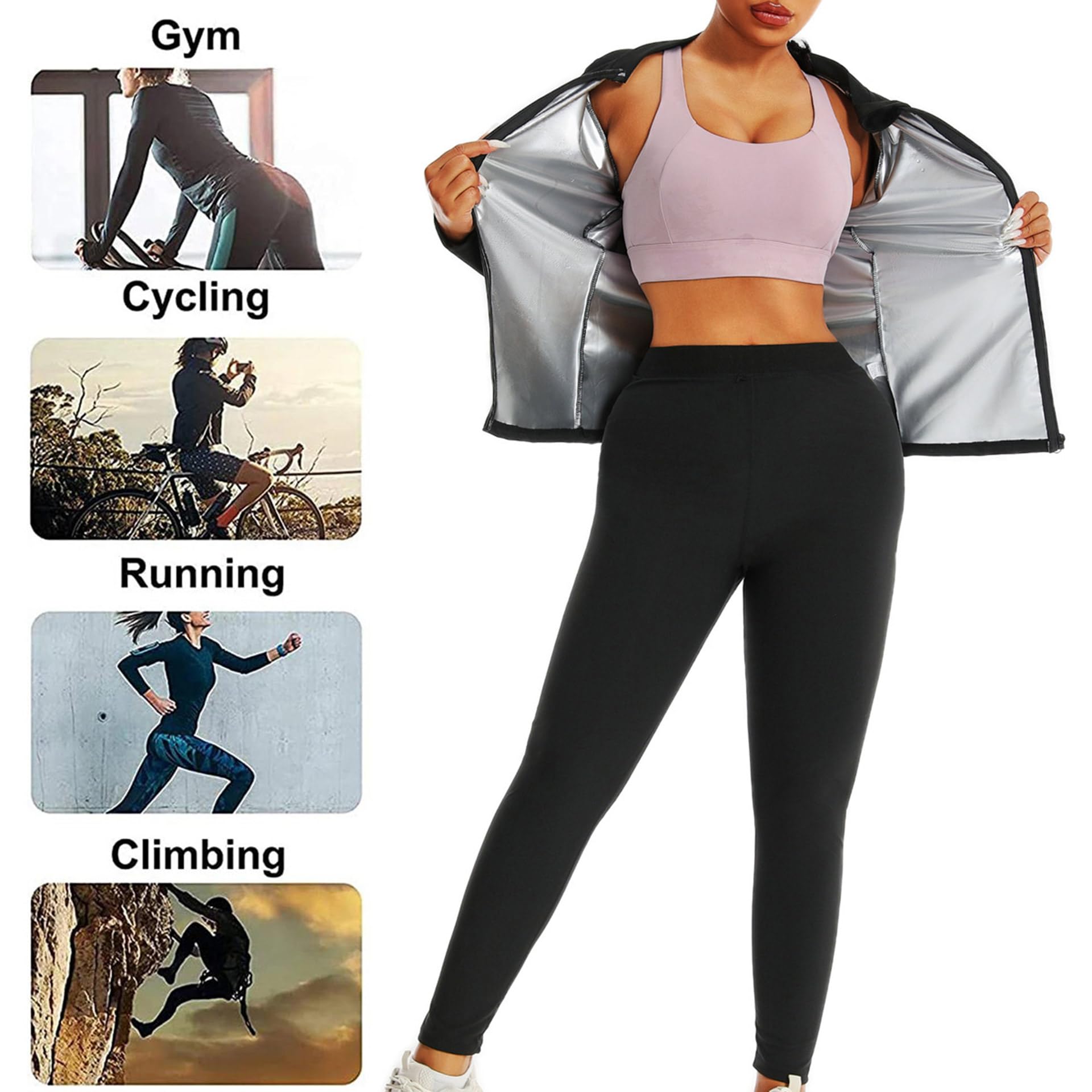 Traje Sauna Mujer, Trajes De Sudoración para Fitness, Fajas Reductoras Mujer Adelgazantes, Traje De Sudor Pérdida De Peso para Yoga Running, Conjunto De Pantalón Superior,2XL,Silver