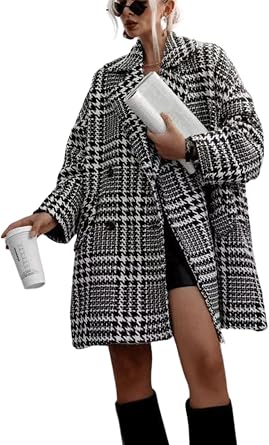 CHARTOU Womens Oversized Blazed Collar Double Breasted Overcoat Thick Plaid Pea Coat Jacket Long Trench Coat