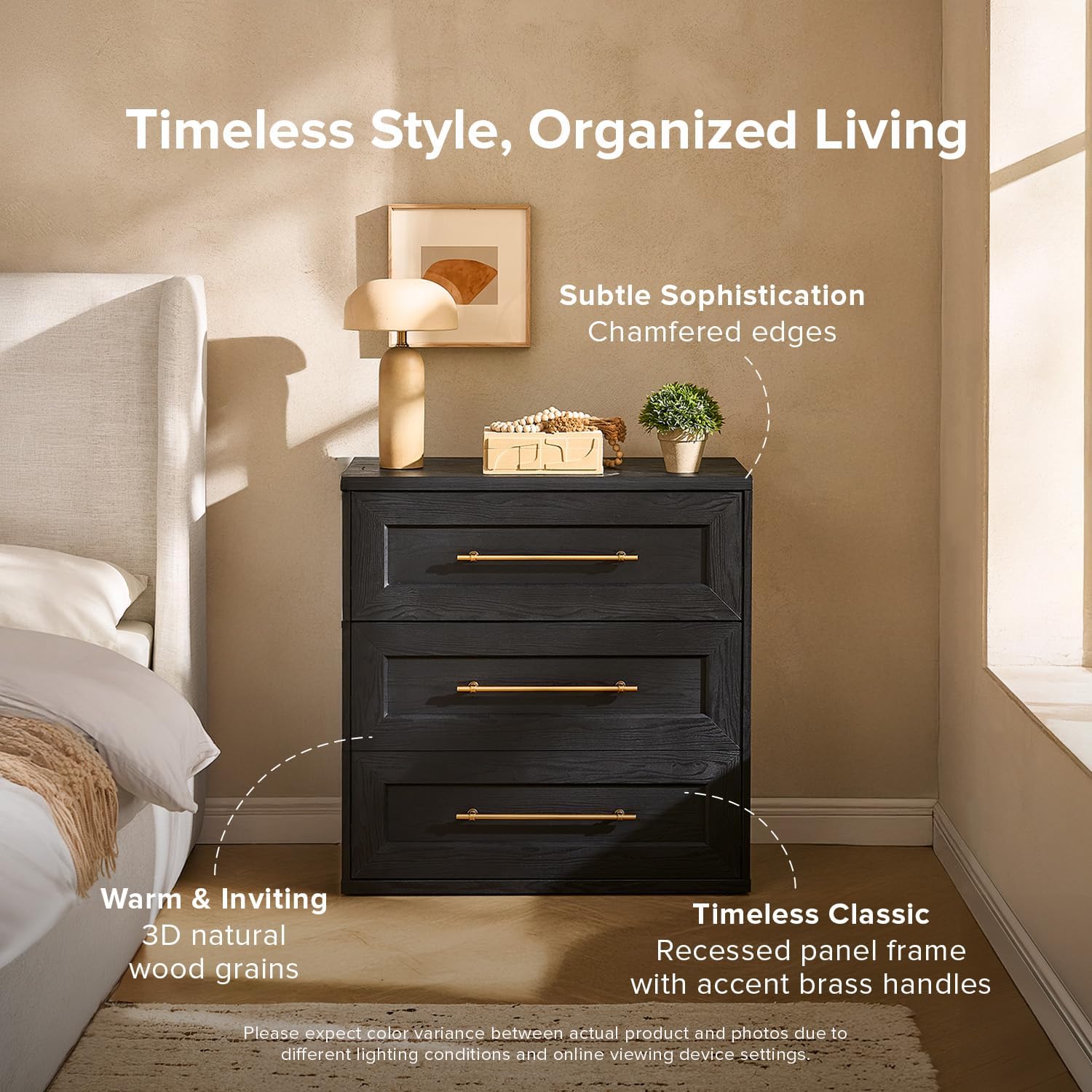 mopio Blake 3 Drawer Dresser for Bedroom, Chest of Drawers, Wood Dresser Organizer, Modern Farmhouse, Tall Night Stand, Enhanced Safety, Sturdy Compliant (Black Oak, Set of 2)