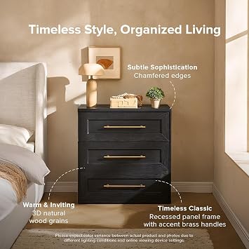 mopio Blake 3 Drawer Dresser for Bedroom, Chest of Drawers, Wood Dresser Organizer, Modern Farmhouse, Tall Night Stand, Enhanced Safety, Sturdy Compliant (Black Oak, Single)