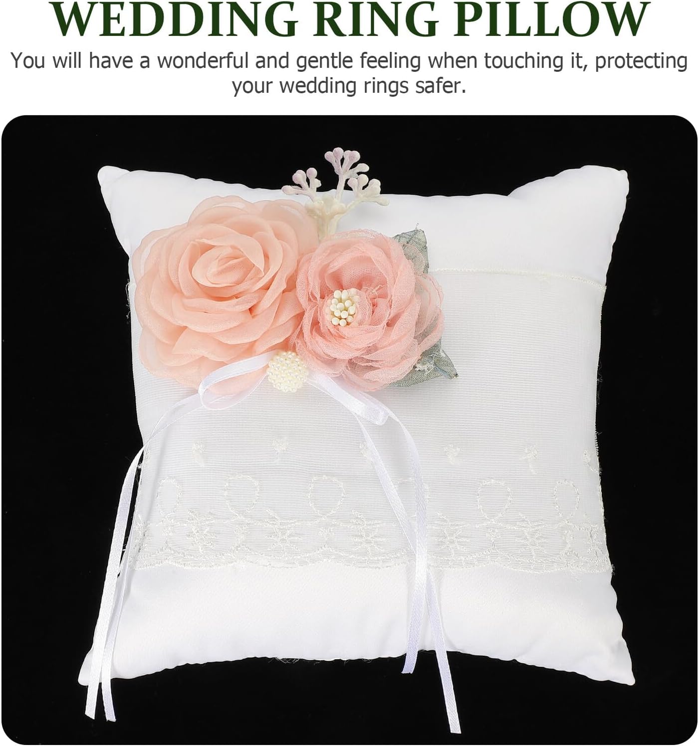 DECHOUS White Flower Engagement Ring Pillow Wedding Ring Bearer Cushion Faux Silk Fabric Decorative for Ceremony Bride and Groom