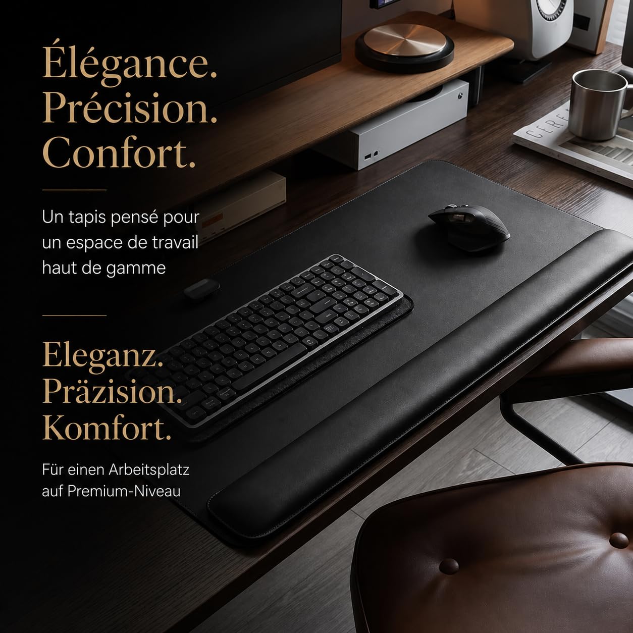 Sous-main de bureau noir en cuir PU premium 80x40 cm avec repose-poignet magnétique – Tapis de souris XL antidérapant, élégant et confortable