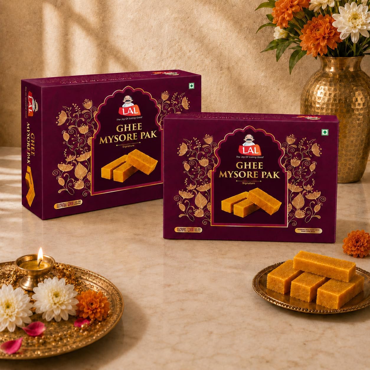 Lal Sweets Mysore Pak with Rakhi 800g Each (Pack of 2) | Traditional Sweets Rakhi with | Soft & Melt-in-Mouth Texture | Made with Pure Desi Ghee | Authentic Indian Mithai | No Preservatives | Festival Gift Hamper for Celebrations | Made With Sulfur-Free Sugar | 1600g