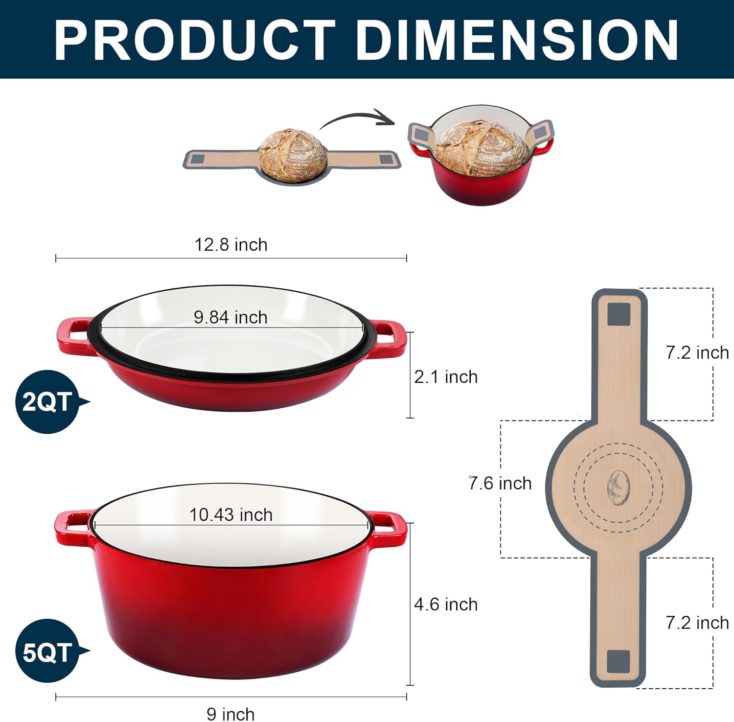 E-far 5 Quart Enameled Cast Iron Dutch Oven, 2 in 1 Dutch Oven Pot with Skillet Lid and Silicone Bread Sling, Ideal for Bread Baking, Cooking, Stewing, Frying, Induction & Oven Safe - Red - Image 2