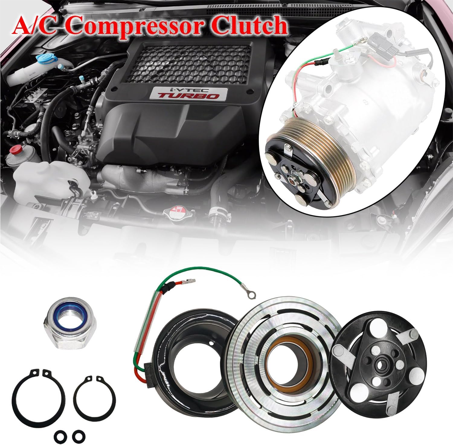 A/C Compressor Clutch Assembly Kit Plate Pulley Bearing Coil 1348 Replacement for 2007-2012 Acura RDX 2.3L, AC Air Conditioning Compressor Clutch Coil Auto Repair Kit