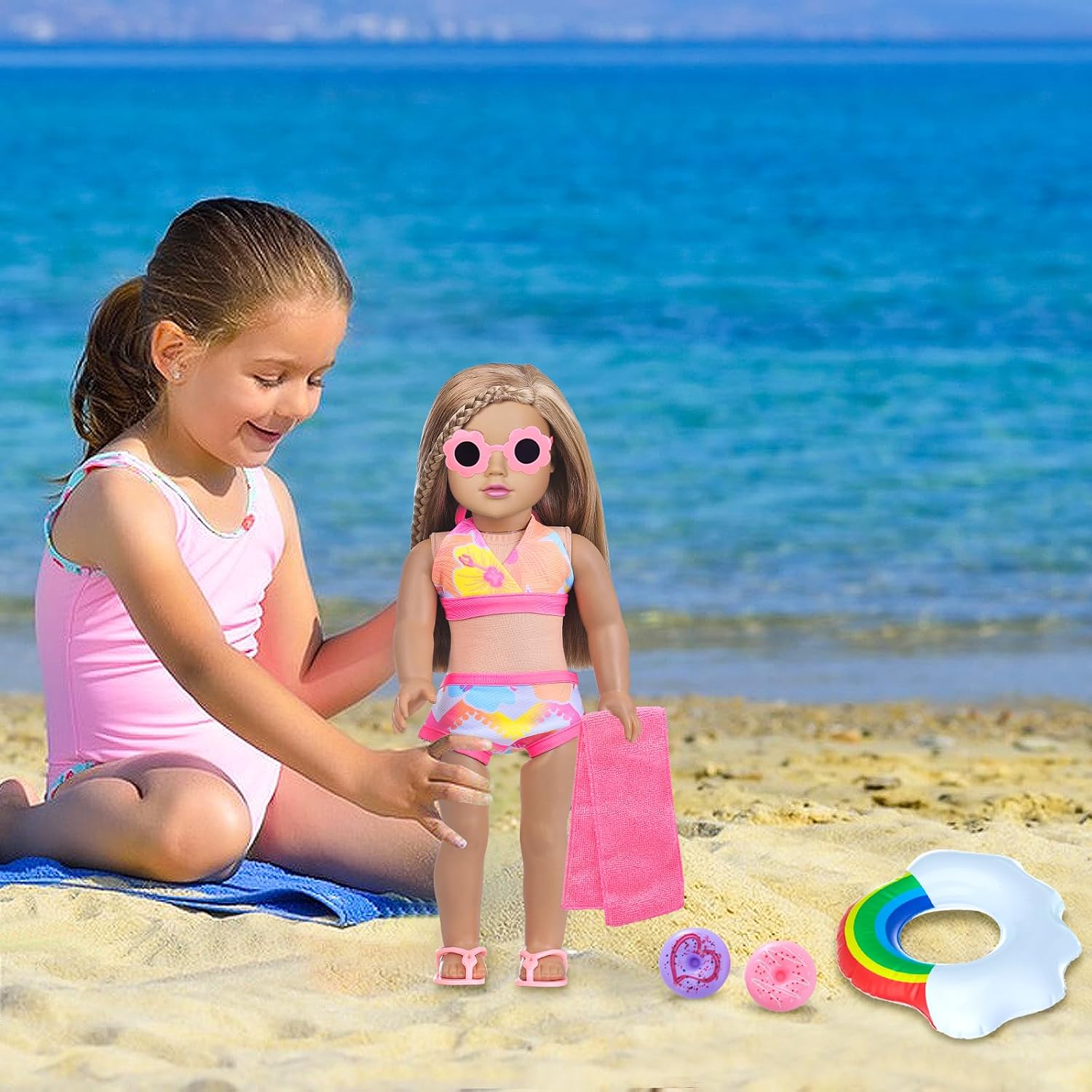 18 Inch Girl Doll Clothes and Accessories Swimming Poor Play Set Fit 18 inch Girl Dolls ,Including Swimwear Shoes Sunglasses Swimming Ring Towel etc.