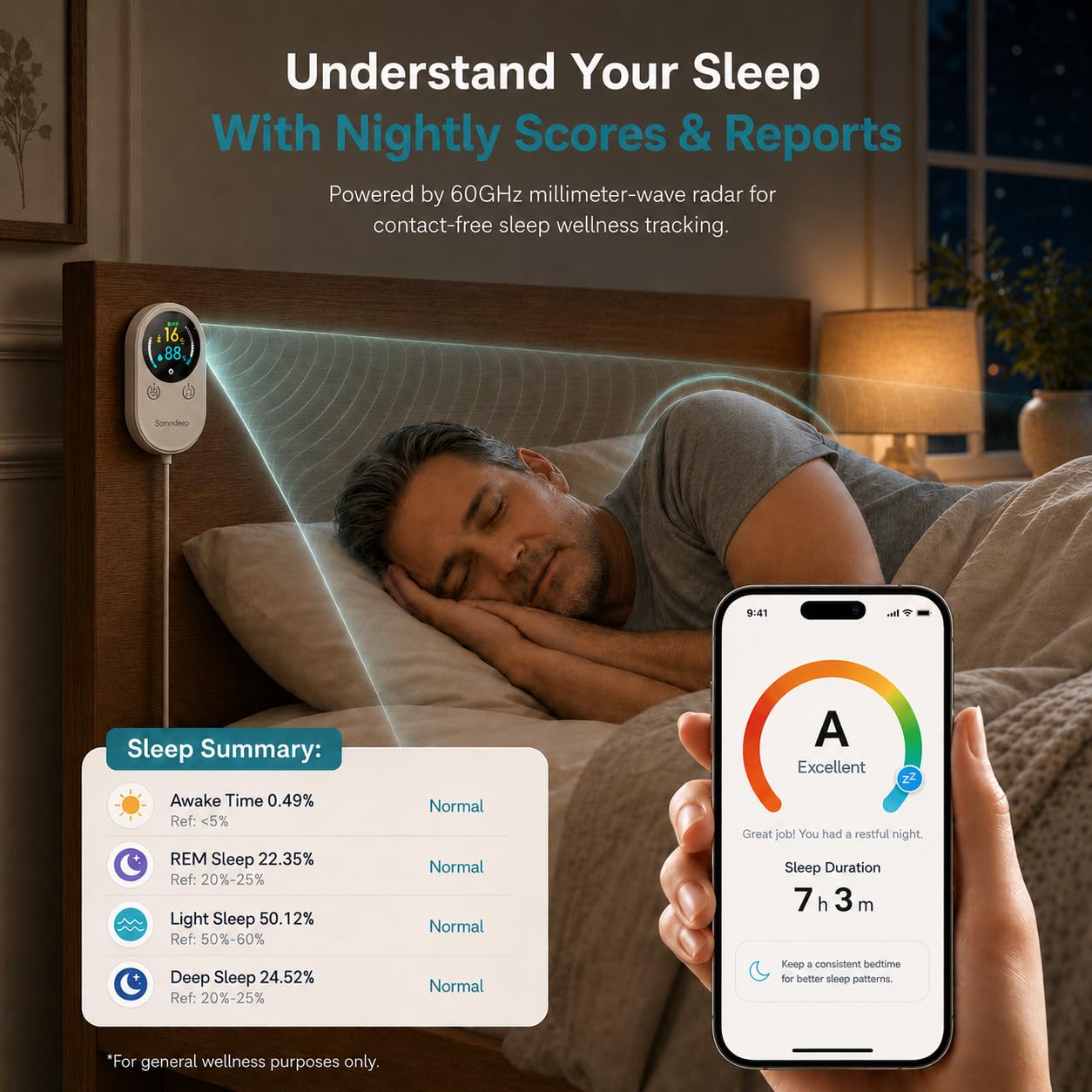 Monitoraggio intelligente del sonno, monitoraggio della frequenza cardiaca e della respirazione, monitoraggio della qualità del sonno radar senza contatto, rapporto giornaliero e suggerimenti