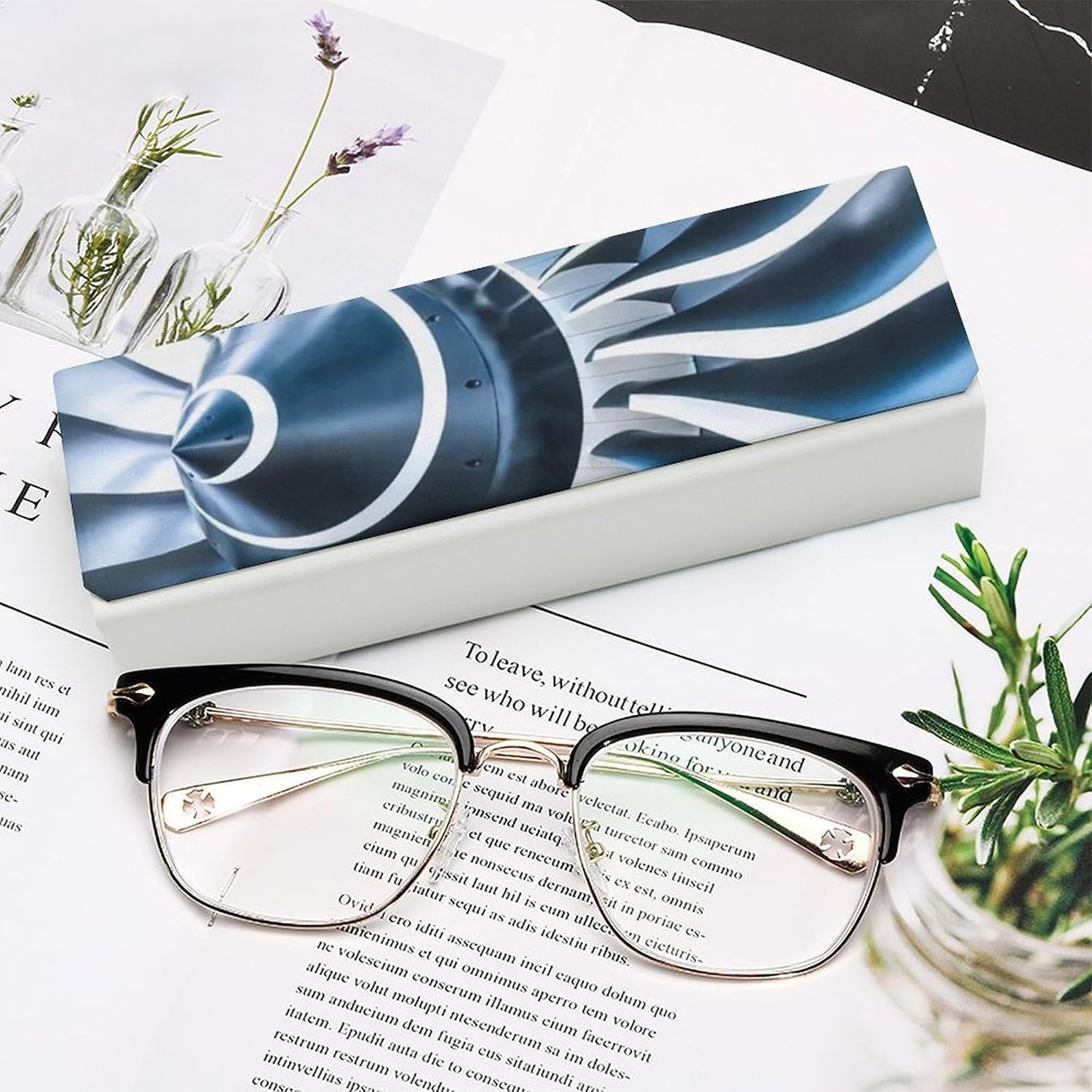 Jet Engine Eyeglass Case, Durable Convenient Spectacle Cases with Cleaning Cloth Leather Eyeglasses Storage Box for Sunglasses Man Women