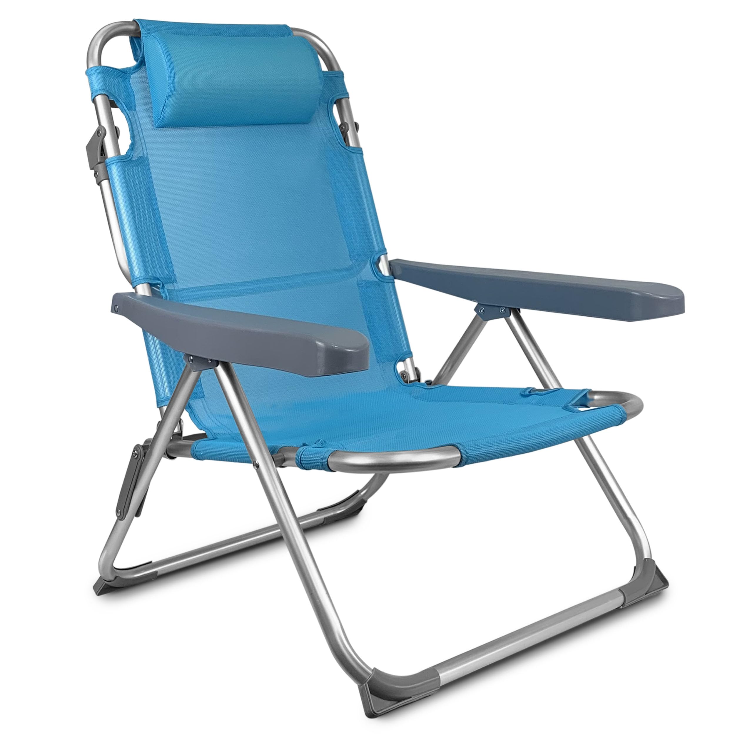 TIENDA EURASIA – Silla de Playa Plegable | Estructura de Aluminio y Textileno | 4 Posiciones | con Cojín reposacabezas | Medidas 61x28x85.5 cm | para Peso Máximo de 110Kg (Azul Turquesa)
