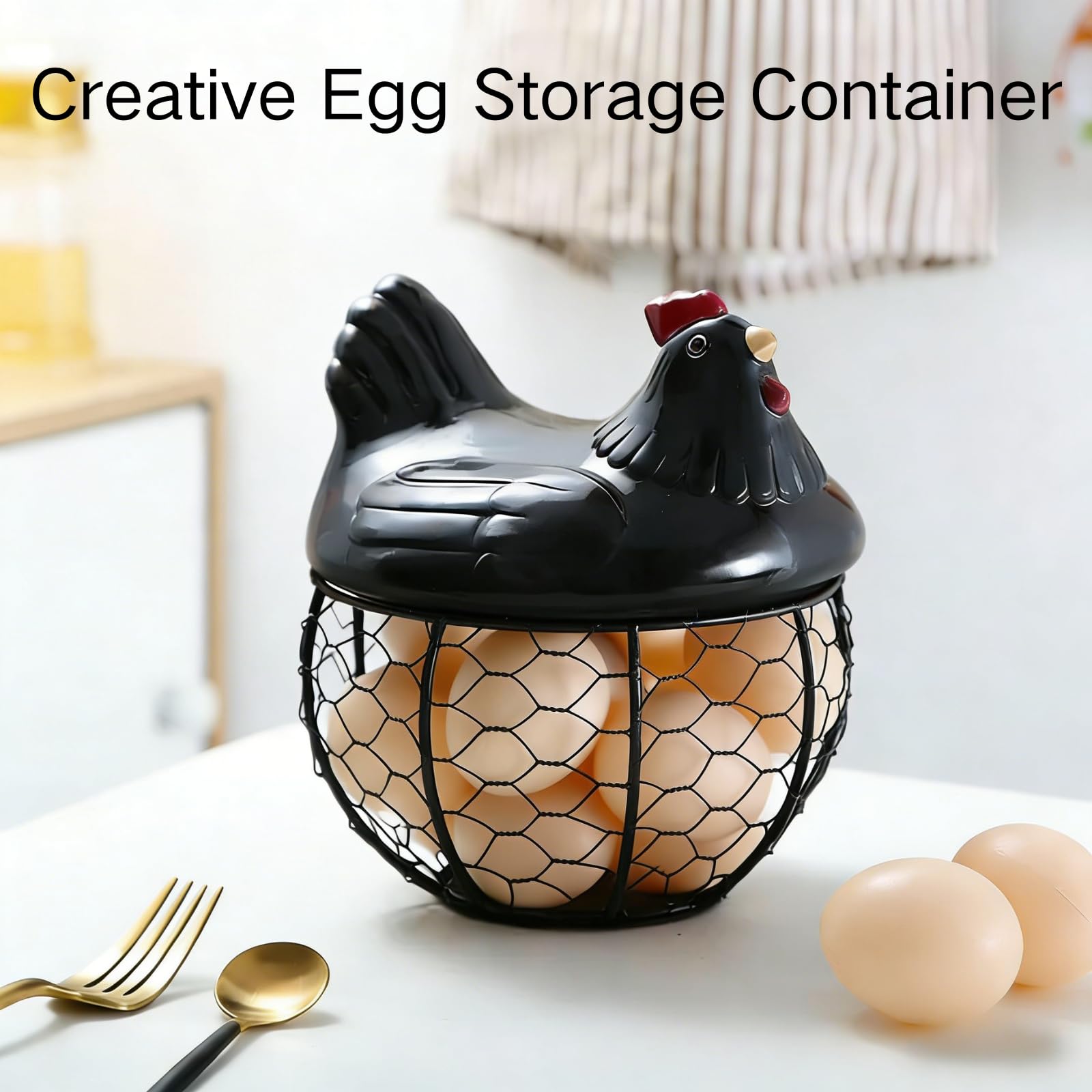 Cesta de cerámica para huevos para 15 huevos, estuche organizador, almacenamiento de hierro para cocina, cocina, verduras, frutas, decoración de gallina, ideal para el hogar y restaurante