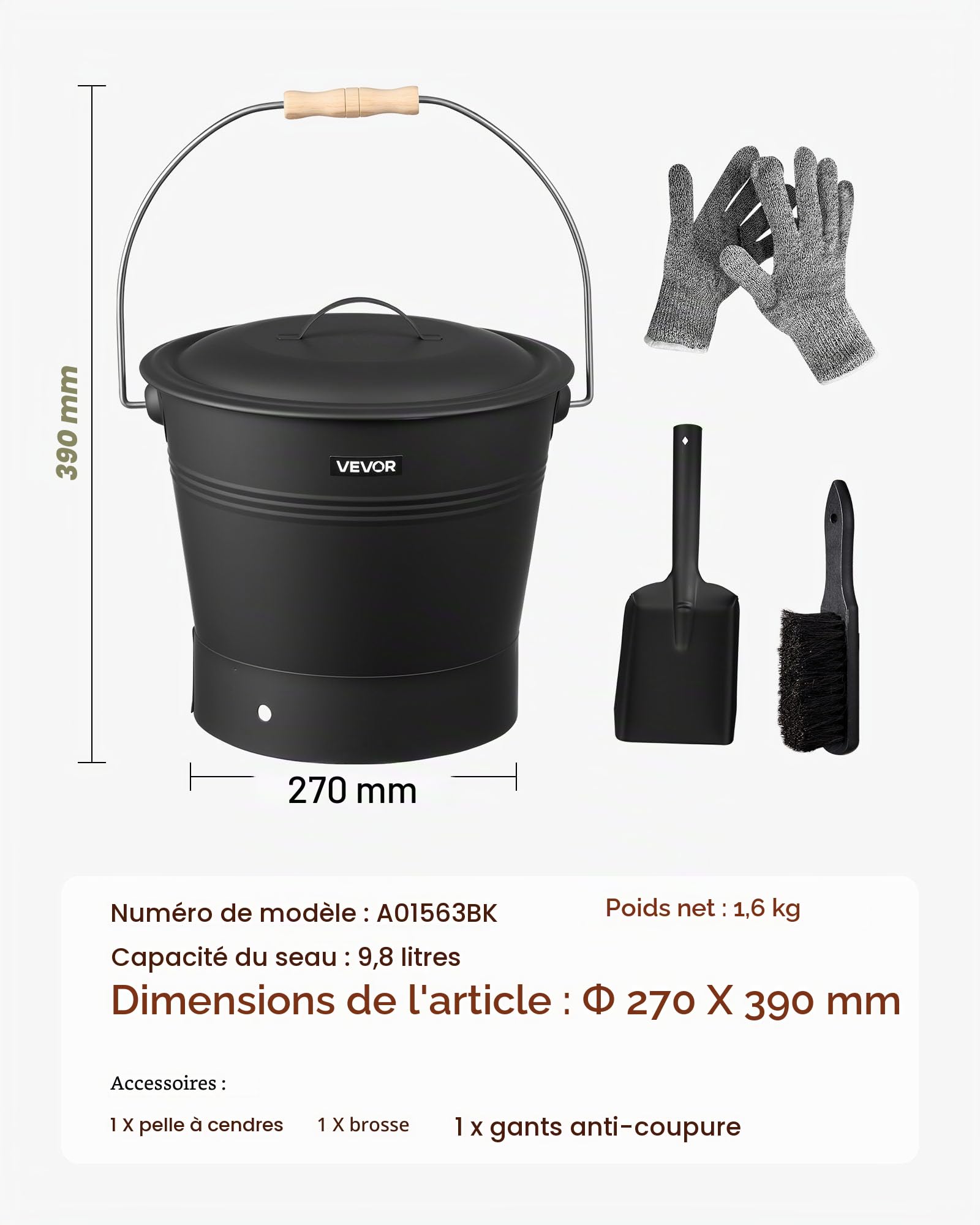 VEVOR Seau à cendres, 4 pièces, seau à charbon de bois et cendrier en métal avec couvercle, pelle, balai et gants, grande capacité de 9,8 L pour cheminée, foyers, poêles à bois, intérieur et extérieur