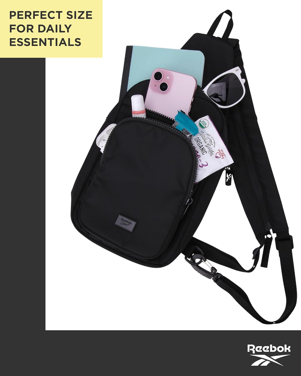 Reebok Unisex Crossbody Sling Bags – Compact Convertible Strap Cross Body Bag Travel Sling Bag - Gym & Travel Essential, Size One Size, Cosmos Black