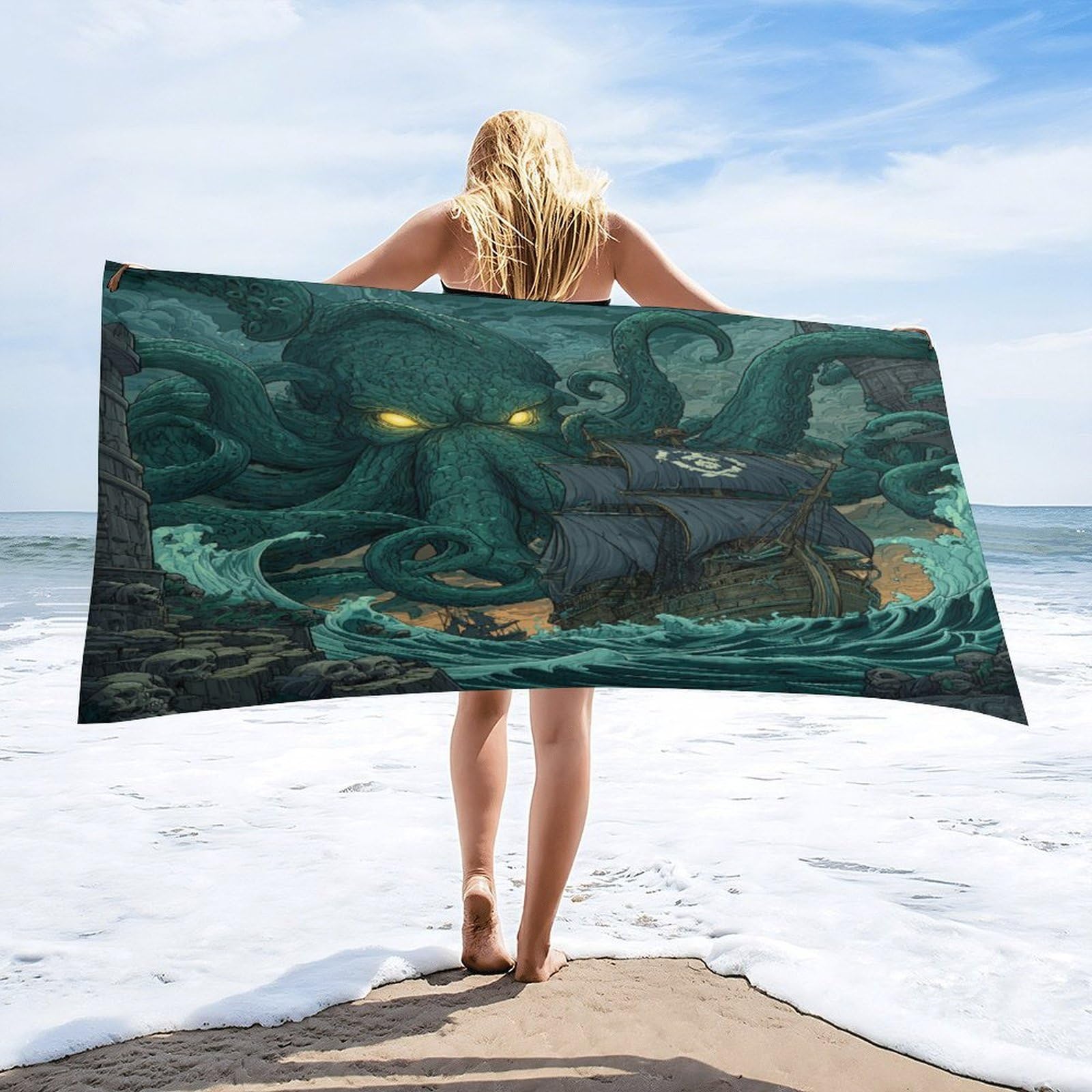 Luyysky Vintage Modern Sea Octopus Quick-Drying Beach Towel, Classic Nautical Animal Octopus Pirate Ship Skeleton Skull Travel Vacation Single Sided Pile Bathroom Towels-80 W Cm X 160" L Cm