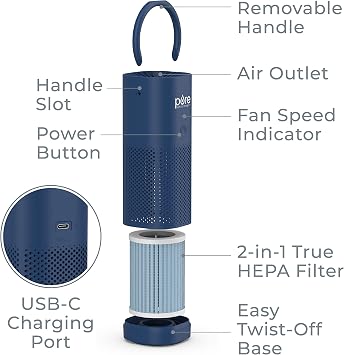Pure Enrichment PureZone Mini Portable Air Purifier - Cordless True HEPA Filter Cleans Air & Eliminates 99.97% of Dust, Odors, Allergens Close to You - Cars, School, Office (Blue)