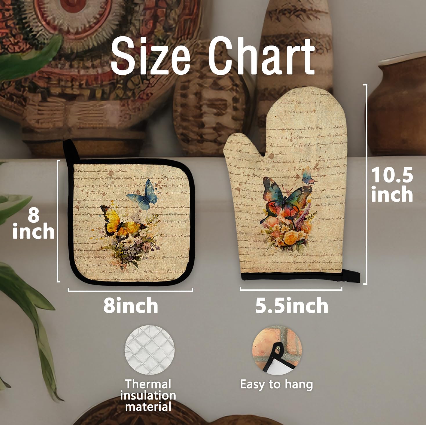 Vintage Butterfly Floral Oven Mitts and Pot Holders Sets, Cottagecore Moth Floral Oven Mitts, Retro Flower Over Mittens for Kitchen Decor, Butterfly Over Gloves Gifts