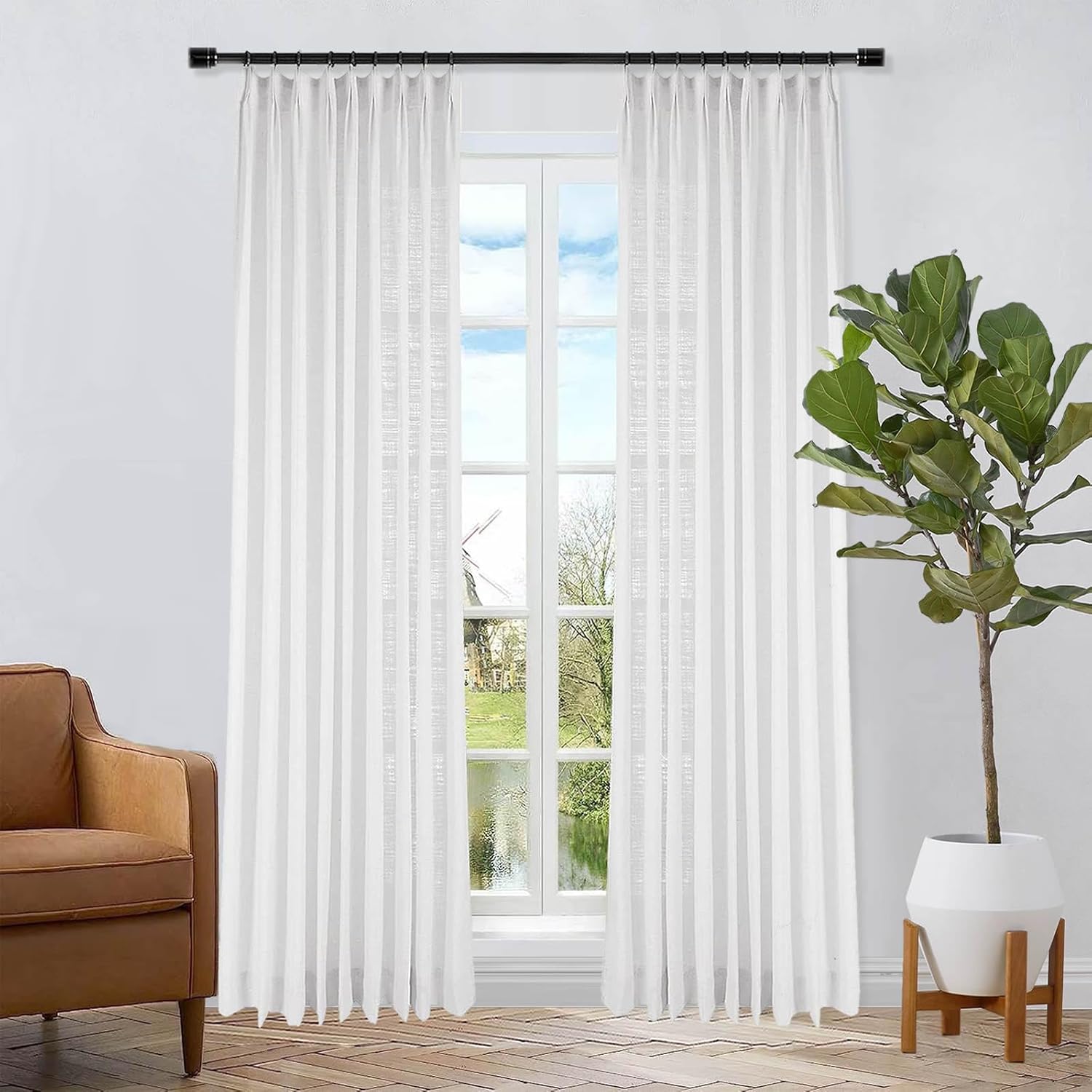 Pinch Pleated Curtain, 84 W x 102 L inch Light Filtering Linen Curtain Drape Panel for Living Room and Silding Door (1 Panel, Beige White)