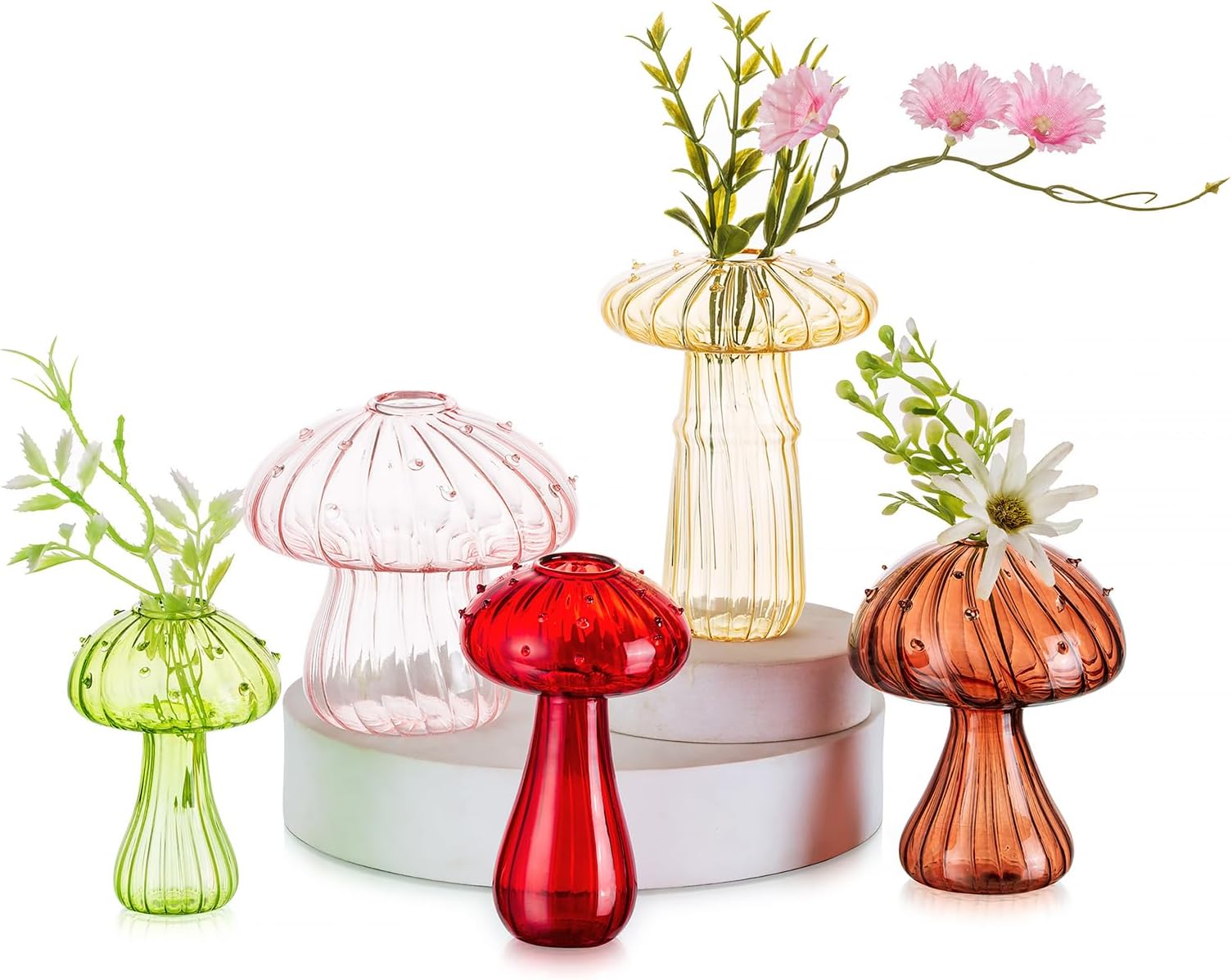 Hewory Mushroom Bud Vases for Flowers: 5 Mushroom Shaped Flower Vase Small Vases for Table Decoration, Coloured Glass Vase for Room Decor Home Bedroom Living Room