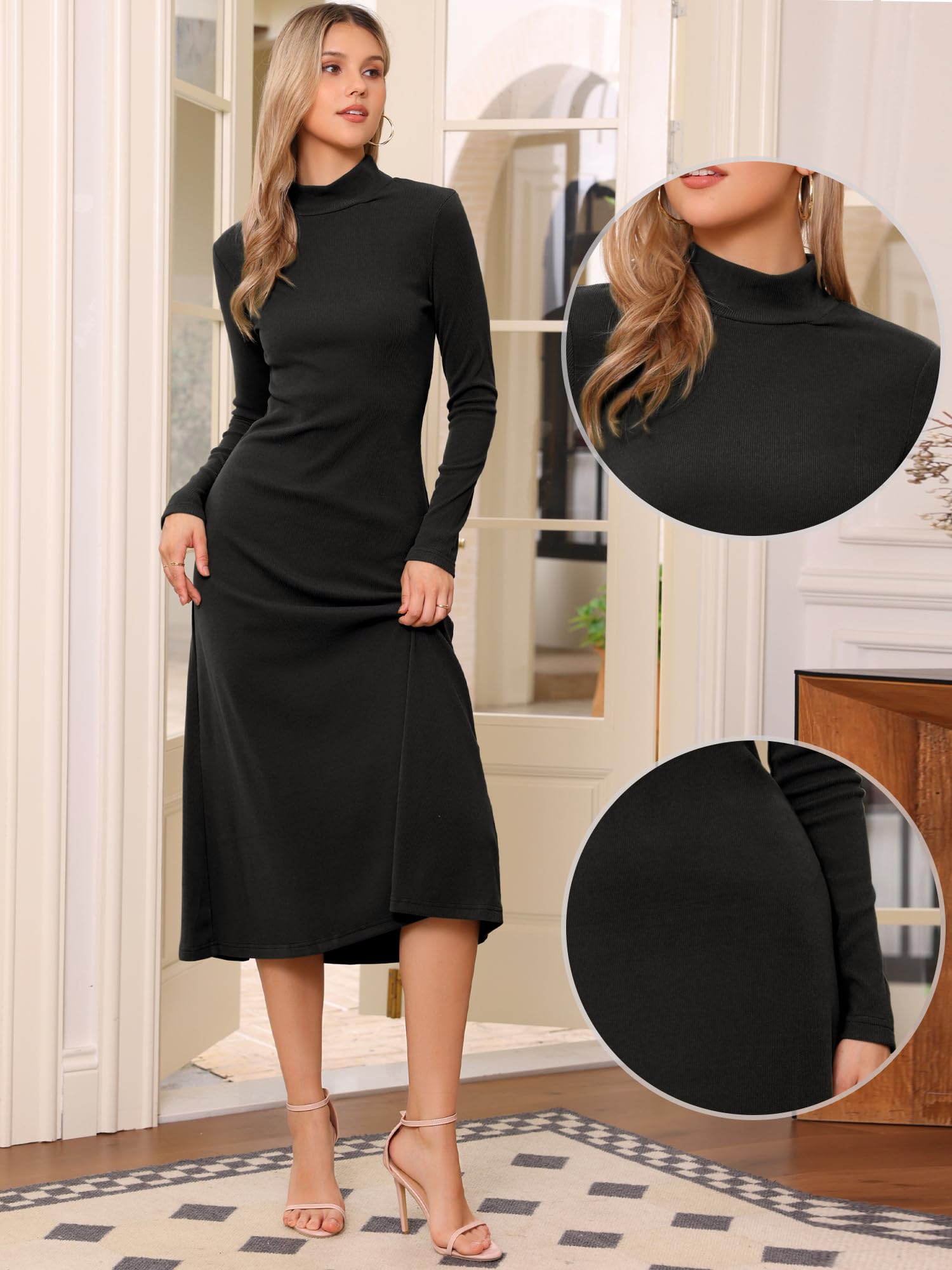 Allegra K Robe longue pull pour femme, col roulé décontracté, basique, manches longues, extensible, fluide, en tricot côtelé