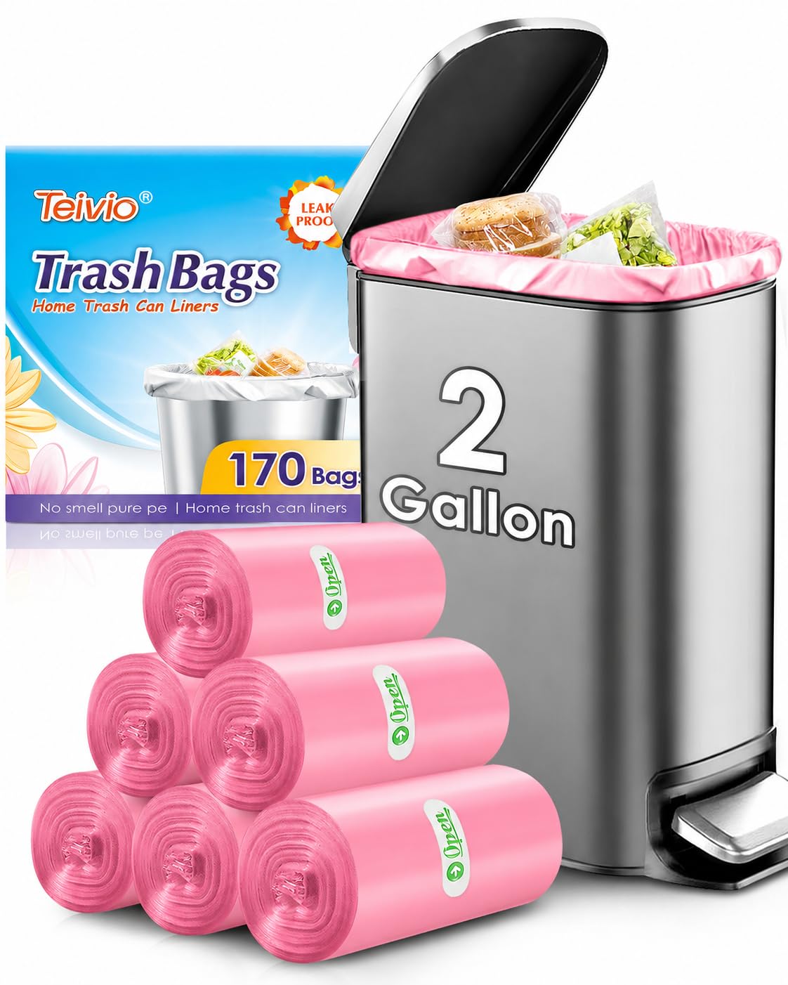 Teivio Small Clear Trash Bags 2 Gallon 170 Count Unscented Garbage Bags