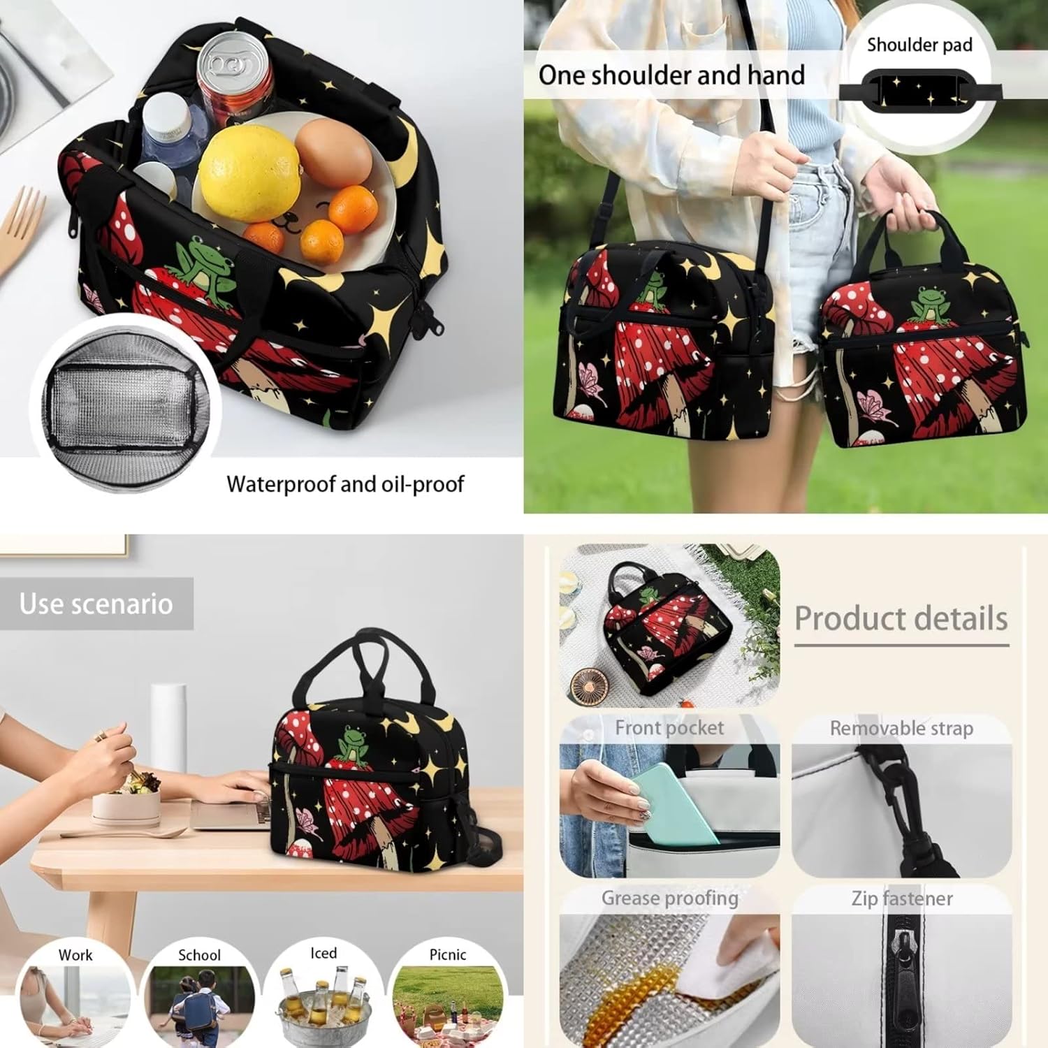 4 PCS Cute Frog Mushroom Backpack Girls Moon Stars Mushroom Schoolbag With Insulated Lunch Bag Crossbody Water Holder Case Pencil Box,Child School Bag Sets for Travel/Sports/Hiking