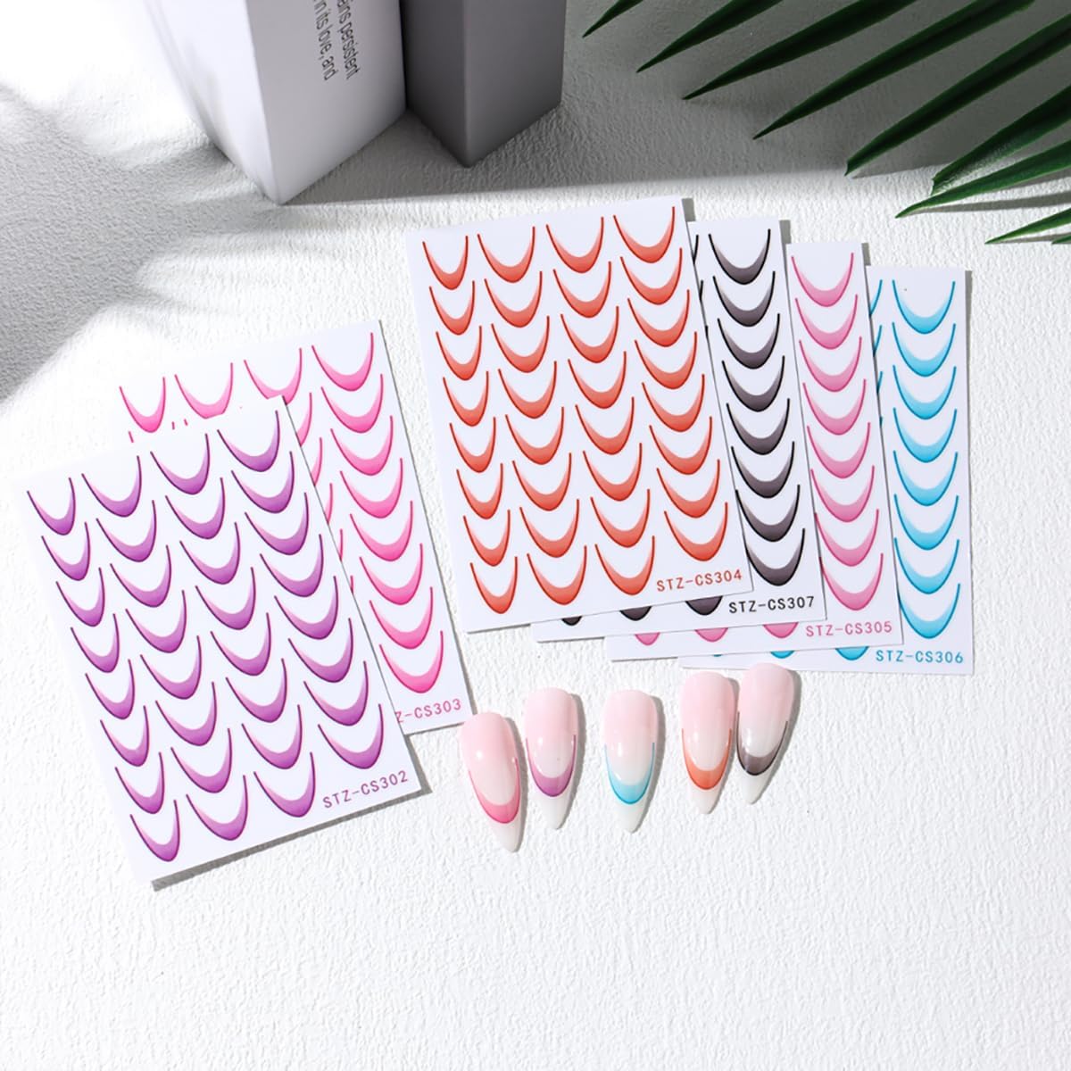 Gradient Color French Line Nail Art Stickers, 6 Sheets Colorful French Tip Nail Decals with Pink Coral Blue Black, Self-Adhesive Nail Guides Stripe Lines Sliders for DIY Nail Art Decorations