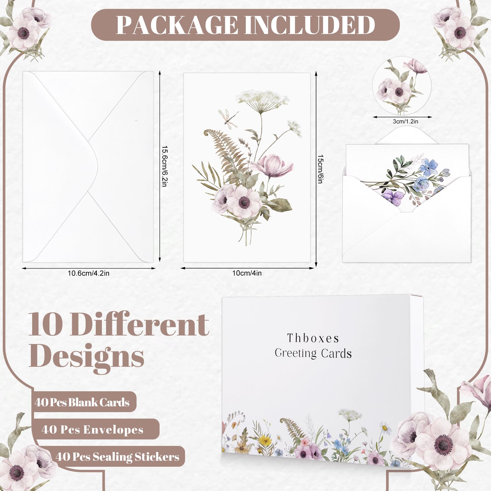 Thboxes Blank Cards and Envelopes, 40 Pack Blank Note Cards 4x6 in Elegant Floral Greeting Card with Sealing Stickers, Note Card and Envelopes Stationary Set for All Occasions (10 Floral Designs)