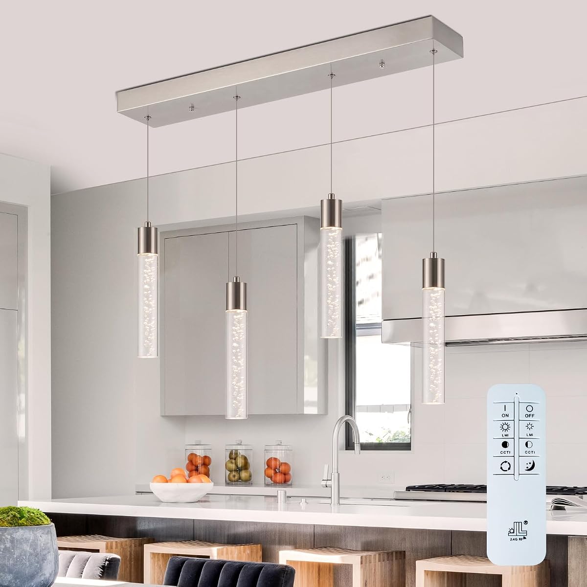 BESTWEST 4-Light Pendant Light Fixture, Dimmable, Remote Control, Brushed