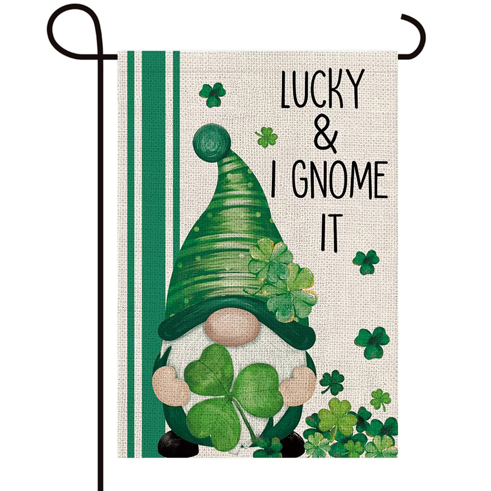 Texupday Lucky and I Gnome It Shamrock Clovers Gnome Decoration St.Patrick's Day Double Sided Vertical Burlap Garden Flag Rustic Holiday Party Outdoor Yard Banner 12" x 18"