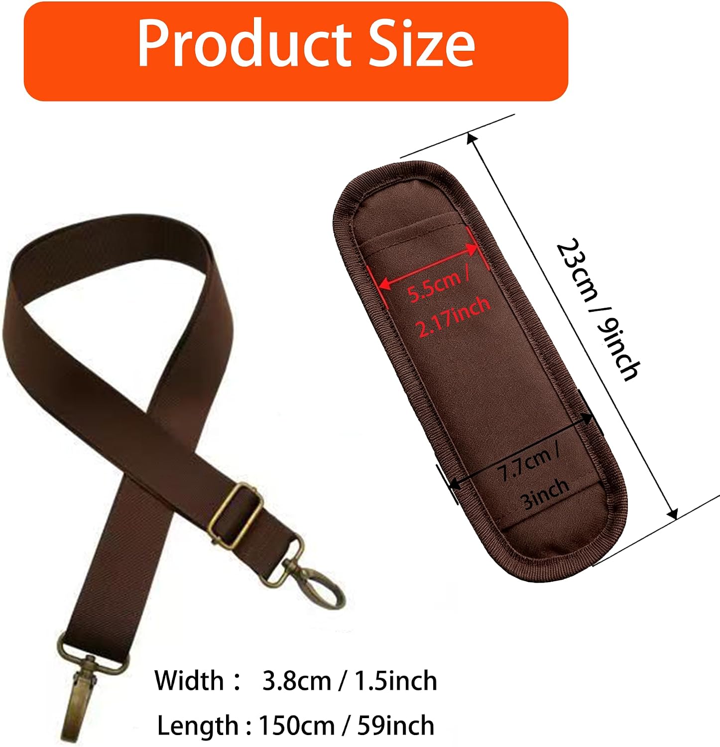 59" x 1.5" Wide Shoulder Strap, Adjustable Soft Padded Purse Replacement Shoulder Strap with Metal Hooks for Laptop Bag Messenger Bag Crossbody Bag Duffle Tool Bag Luggage, Brown